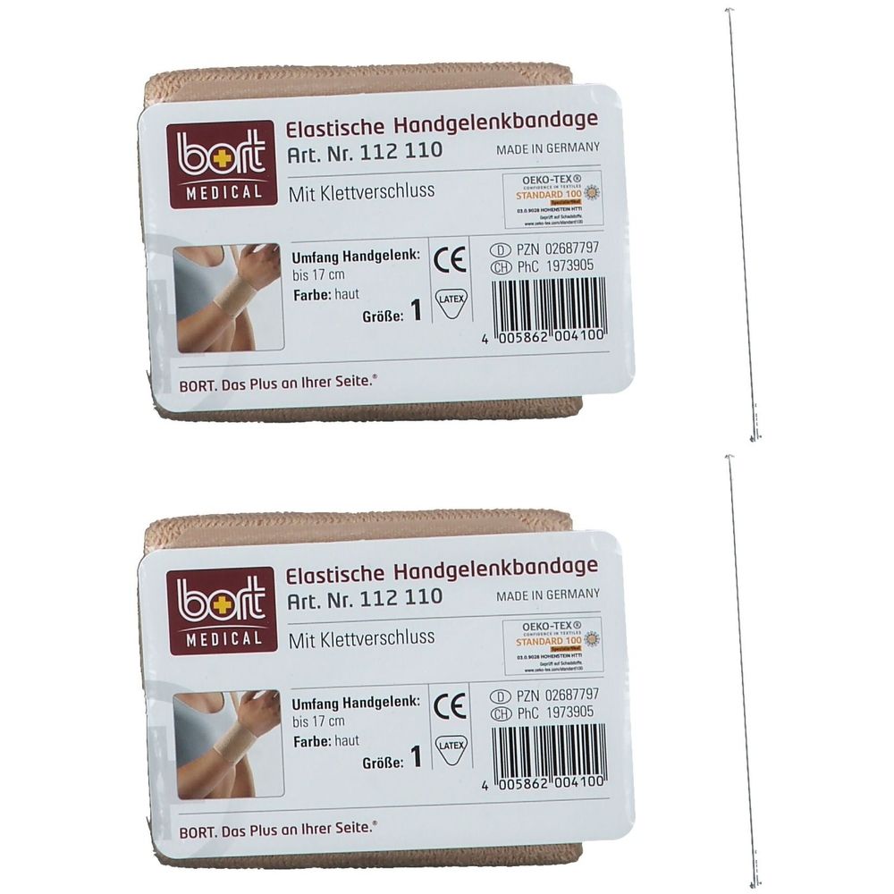 Zwei Handgelenkbandagen mit Klettverschluss. Auf der Verpackung steht "Elastische Handgelenkbandage" und "Größe 1".