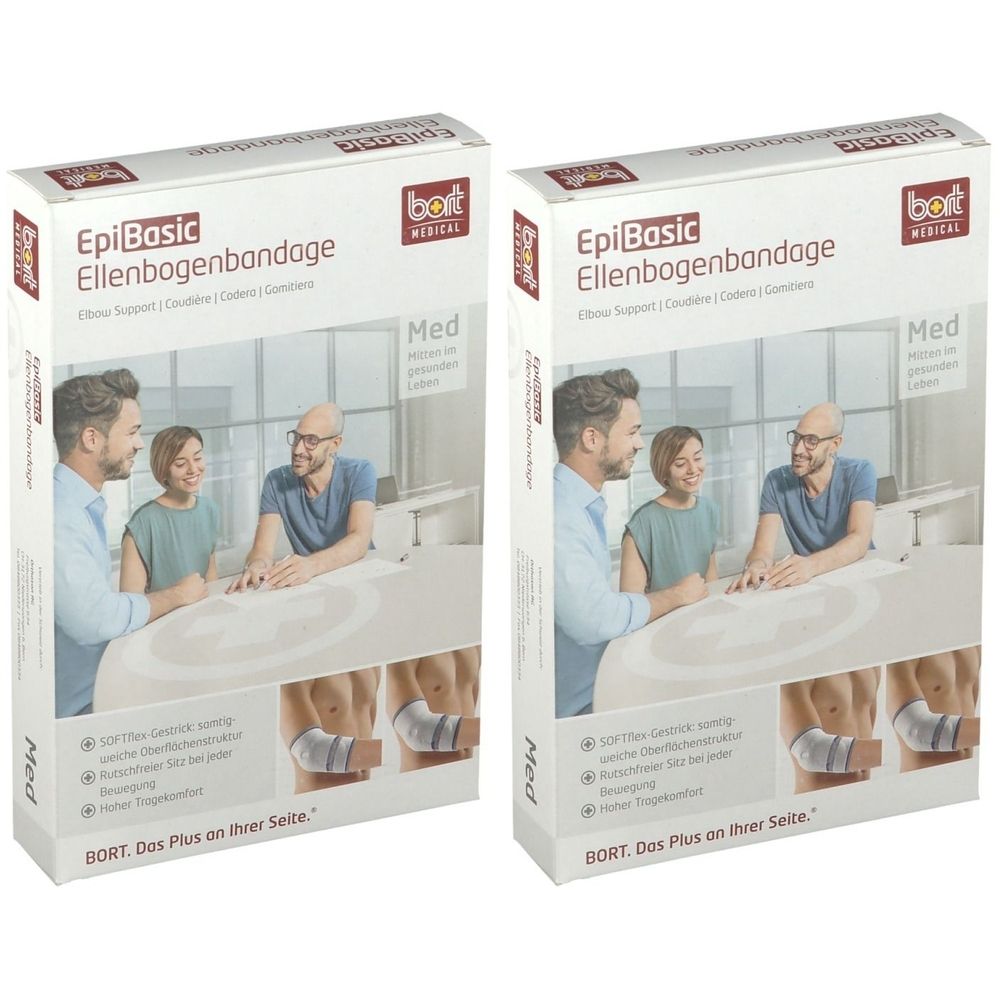 Zwei Produktverpackungen. Aufschrift: EpiBasic Ellenbogenbandage. Marke: BORT. Abbildung: Personen am Tisch, Bandage am Arm.
