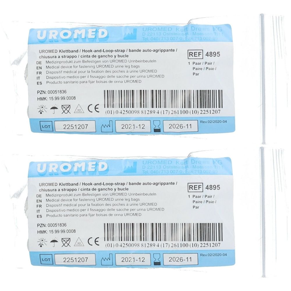 Zwei UROMED Klettband-Verpackungen. Aufschrift: REF 4895. Medizinprodukt. Haltbarkeit bis 2026-11.