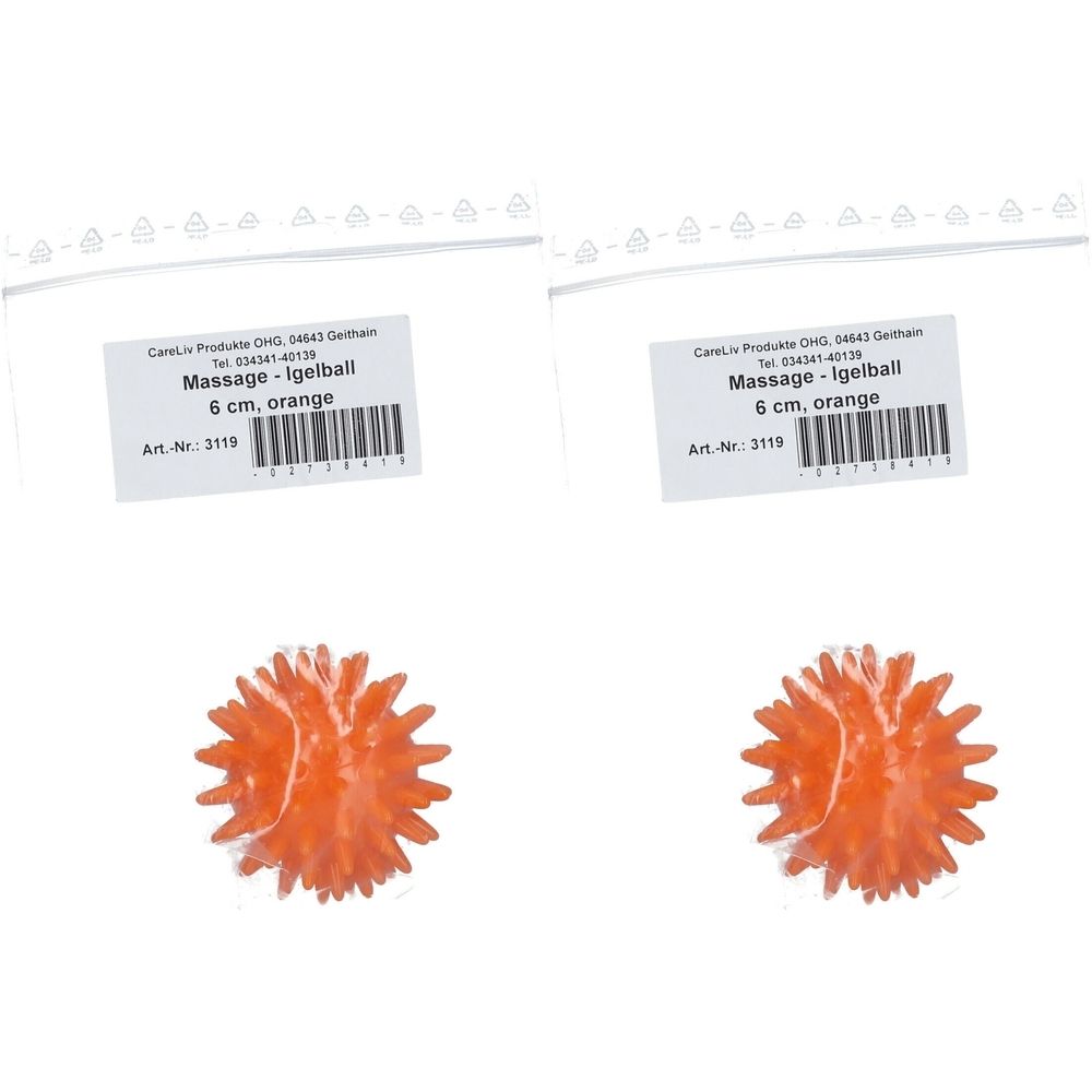 Zwei orangefarbene Massagebälle mit stacheliger Oberfläche. Aufkleber mit Produktbezeichnung: Massage-Igelball, 6 cm, orange.