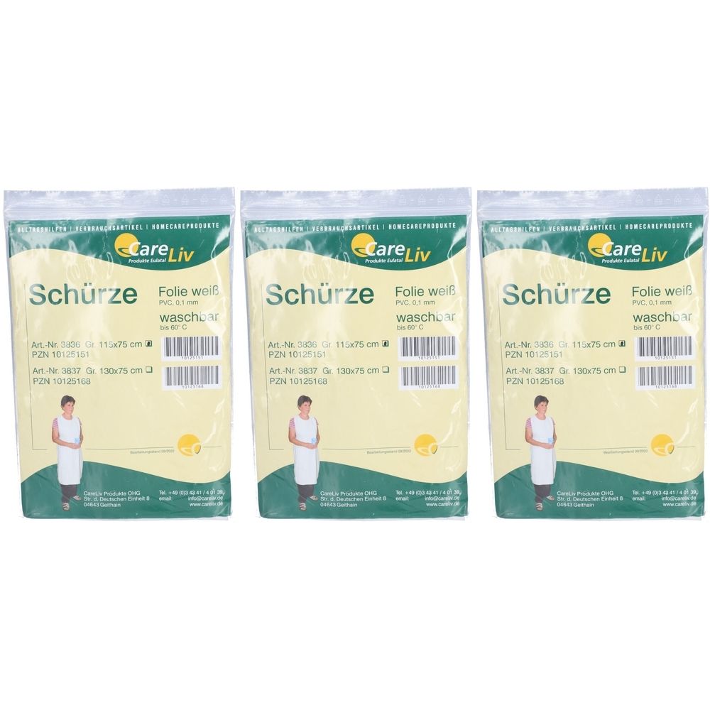 Drei verpackte weiße Schürzen aus Folie. Aufdrucke: CareLiv, Schürze, Folie weiß, waschbar. Maße: 115 x 75 cm.