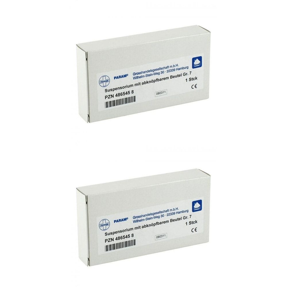 Zwei weiße Kartons. Aufdruck: Param Suspensorium mit abknöpfbarem Beutel Gr. 7, 1 Stück, PZN 486545 8.