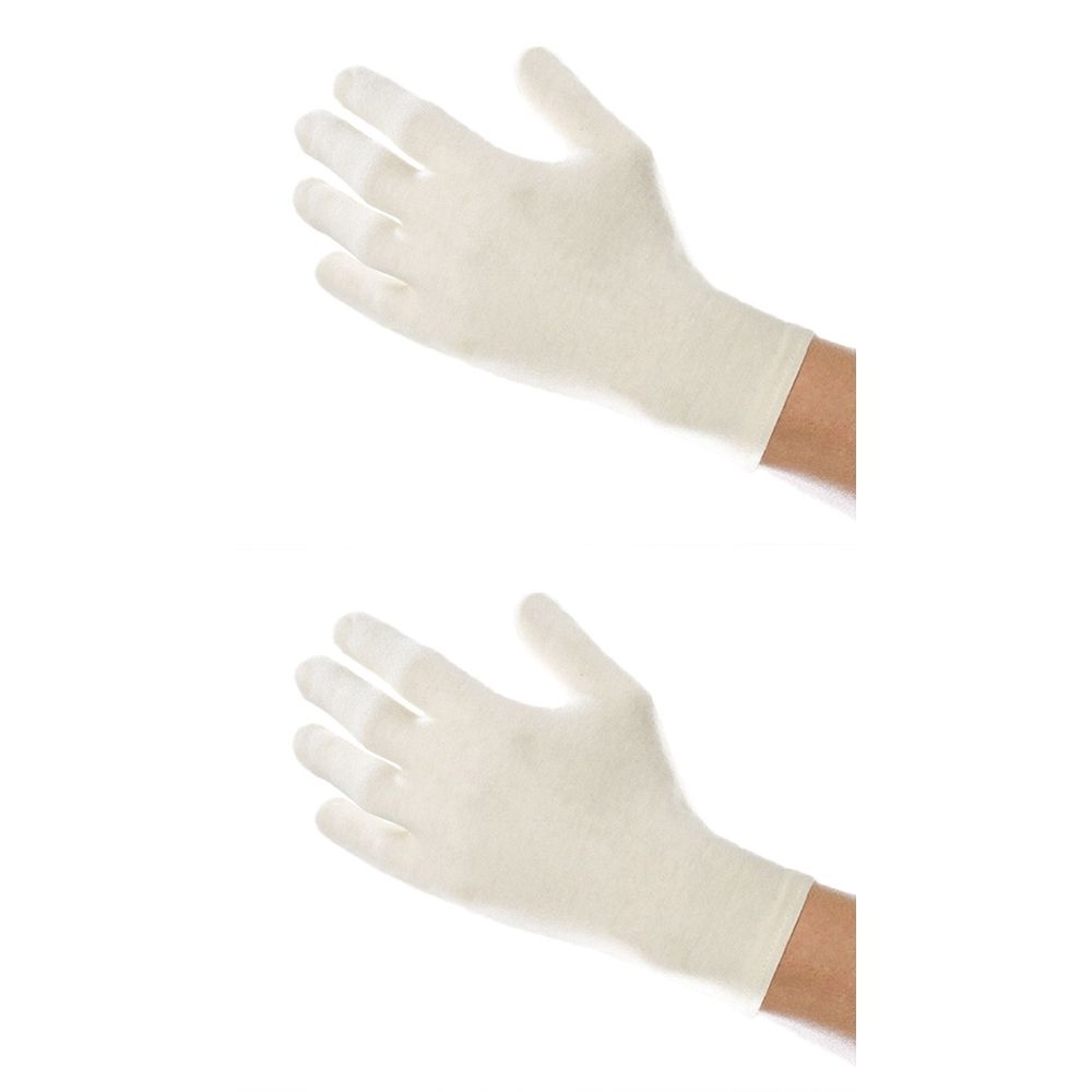 Zwei cremefarbene Kinderhandschuhe. Die Handschuhe sind aus Stoff und bedecken die Hände bis zum Handgelenk.