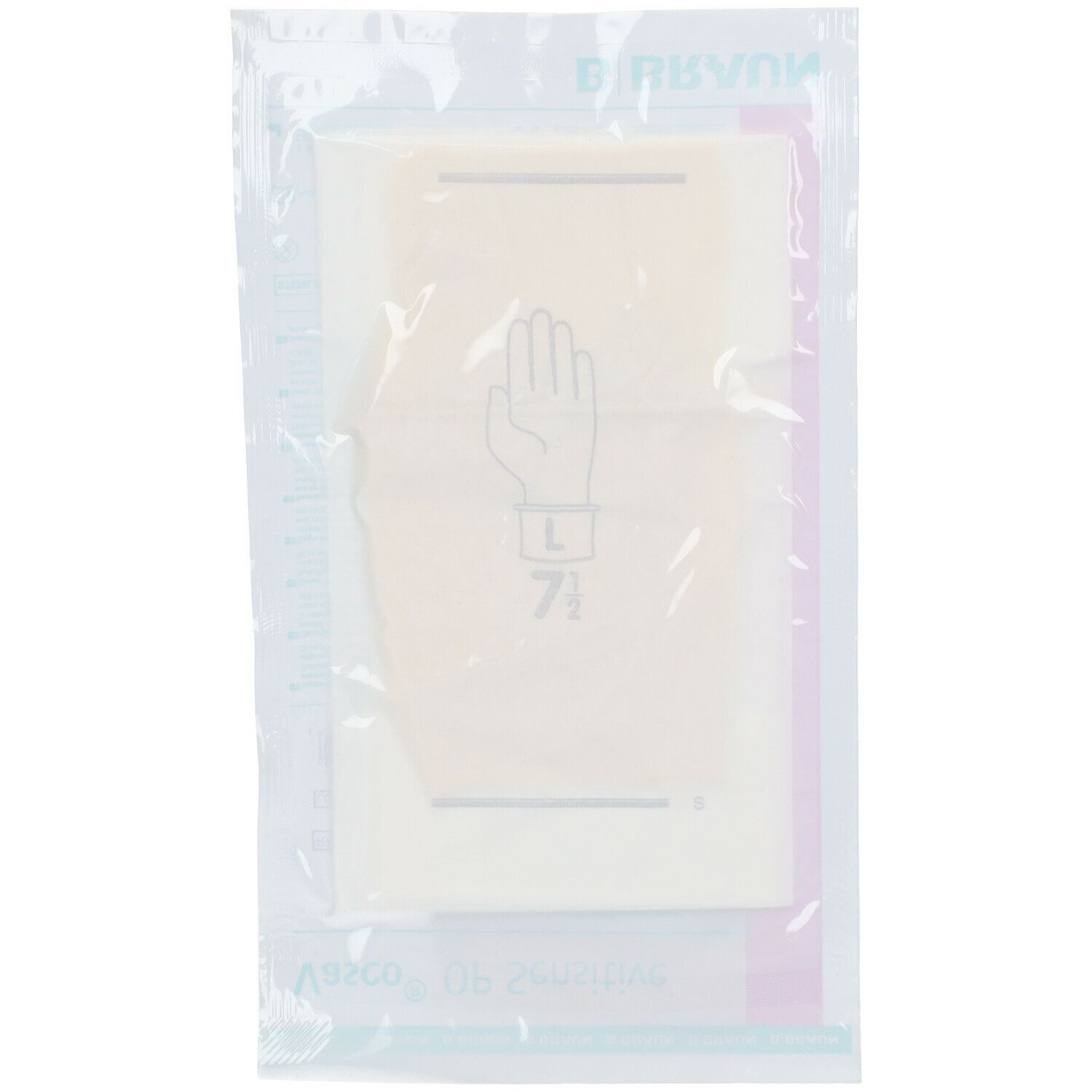 Verpackte OP-Handschuhe. Aufdruck: Hand mit Größe 7,5. Transparente Verpackung.