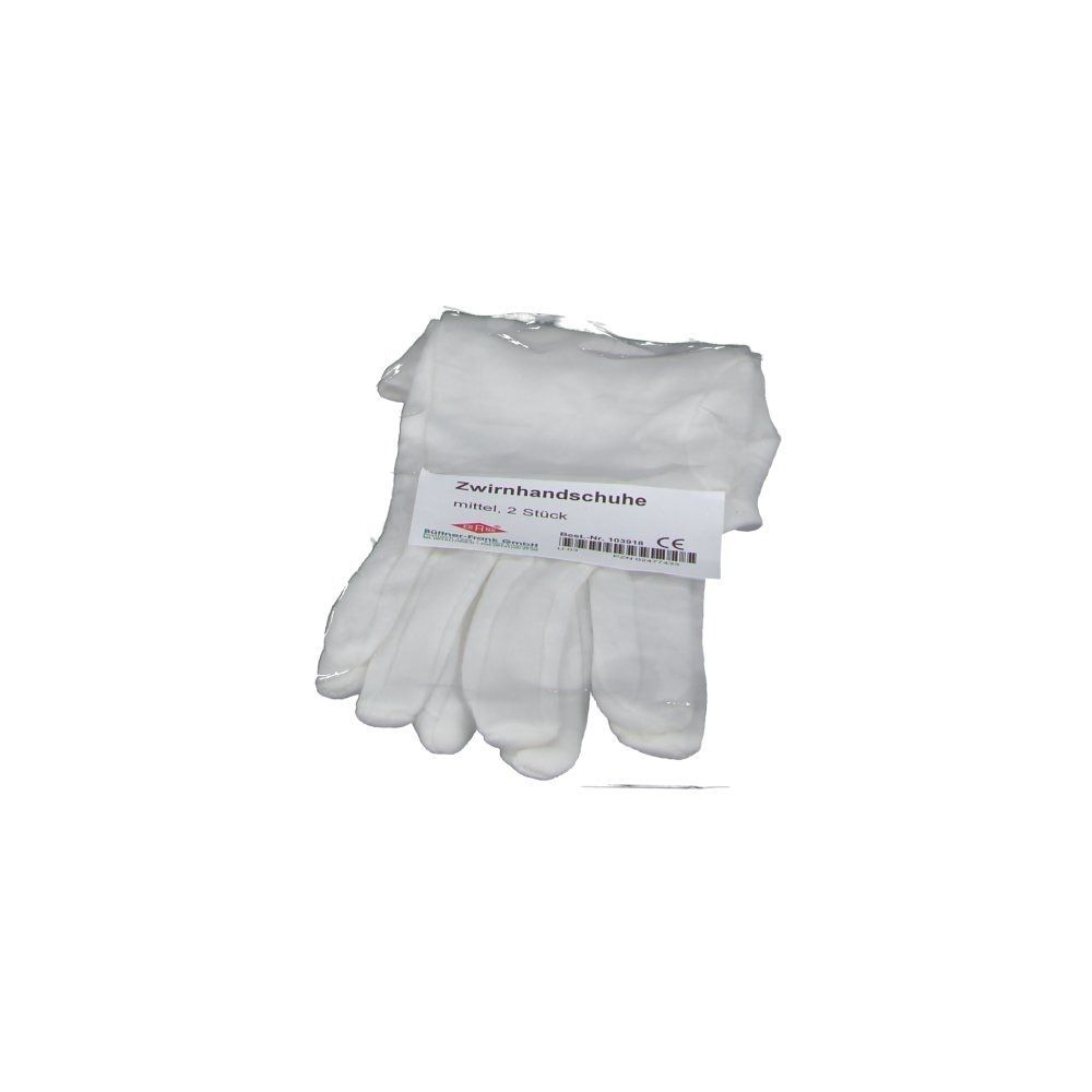 Weiße Zwirnhandschuhe, verpackt in Folie. Auf einem Etikett steht "Zwirnhandschuhe" und "2 Stück".