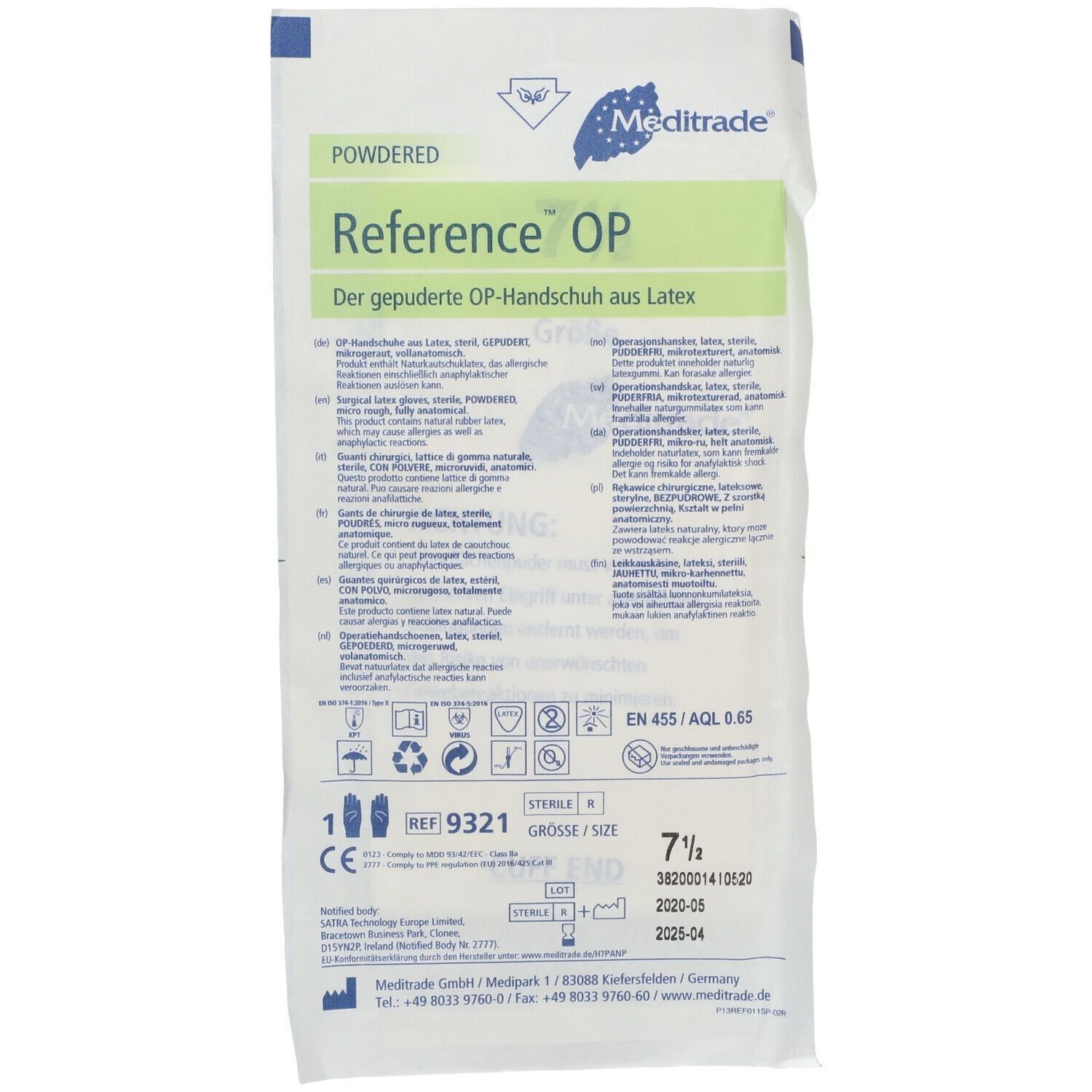 Verpackung mit OP-Handschuhen aus Latex. Marke Meditrade, Produktname Reference OP. Größe 7 1/2. Gepudert. Zertifizierung EN 455/AQL 0.65.