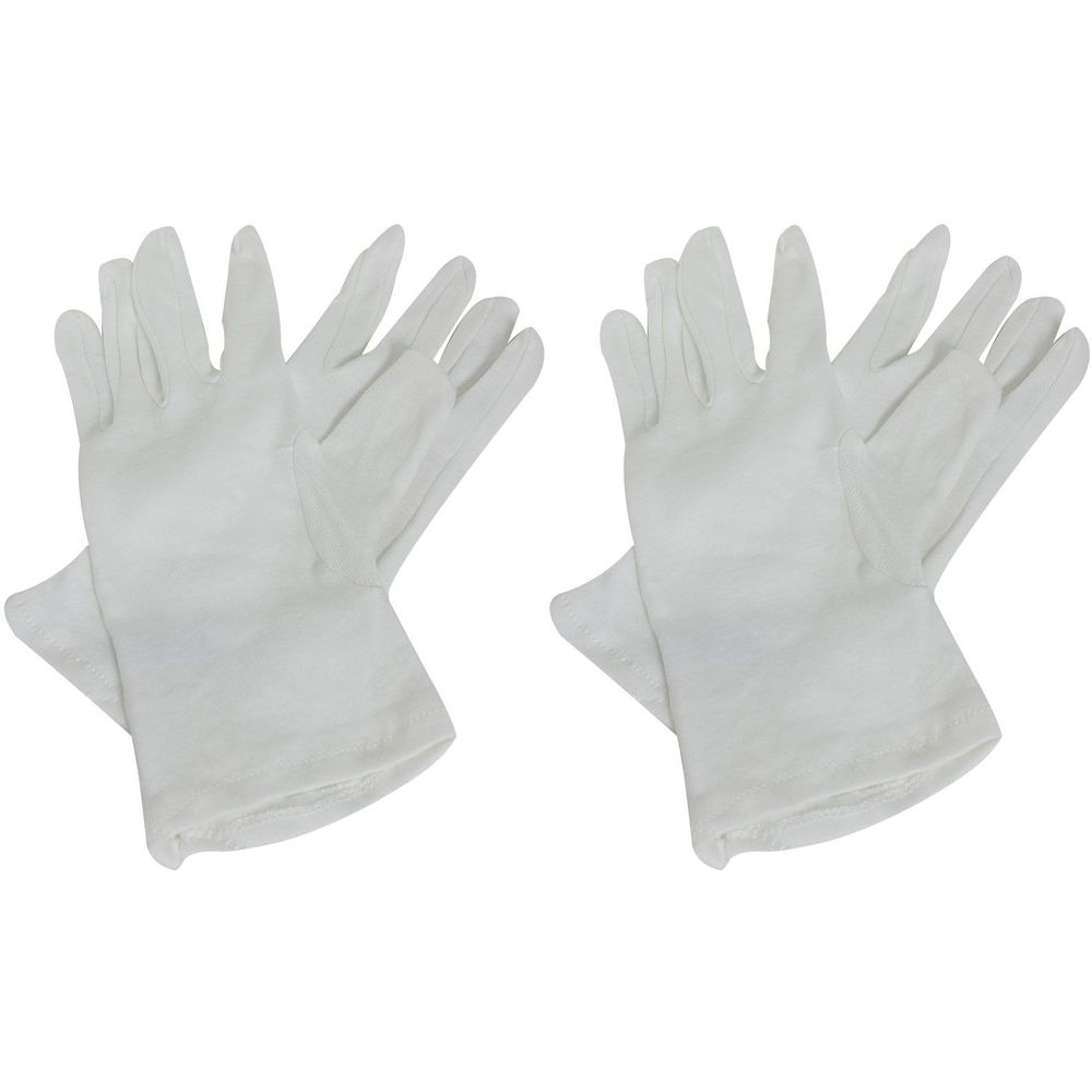Zwei weiße Baumwoll-Trikothandschuhe. Die Handschuhe sind nebeneinander angeordnet.