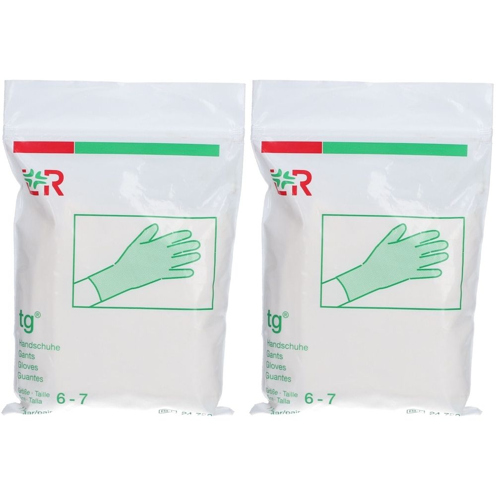 Zwei verpackte tg® Handschuhe, Größe 6-7. Weiße Verpackung mit grünem Hand-Symbol. Marke und Größenangabe sichtbar.