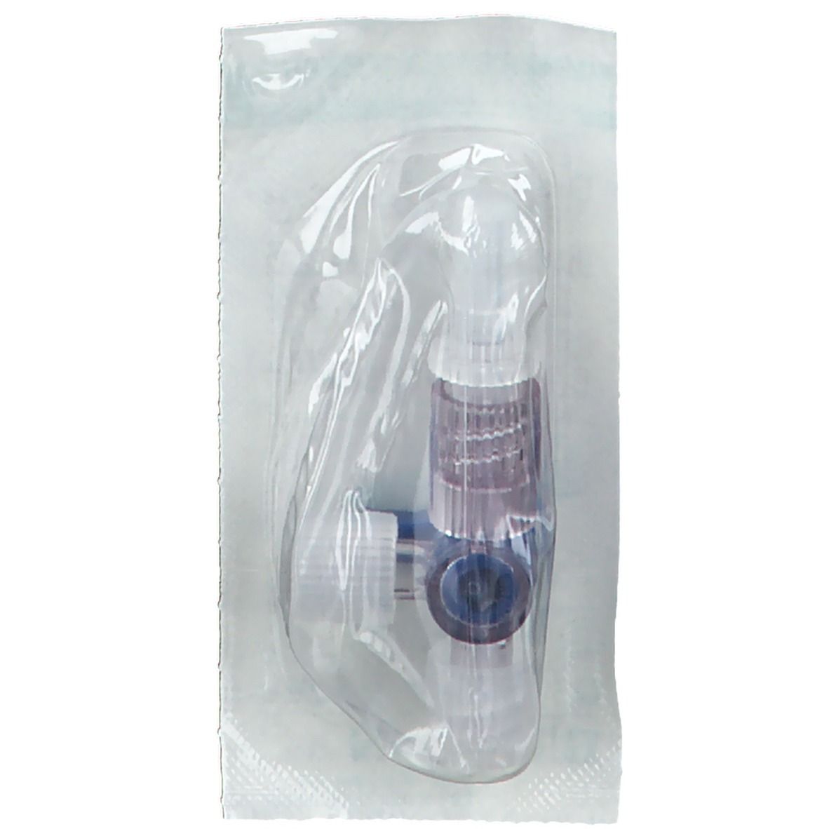 Medizinprodukt in steriler Verpackung. Dreifachhahn mit blauem Drehknopf und transparenten Anschlüssen. Sichtbare Produktmerkmale.