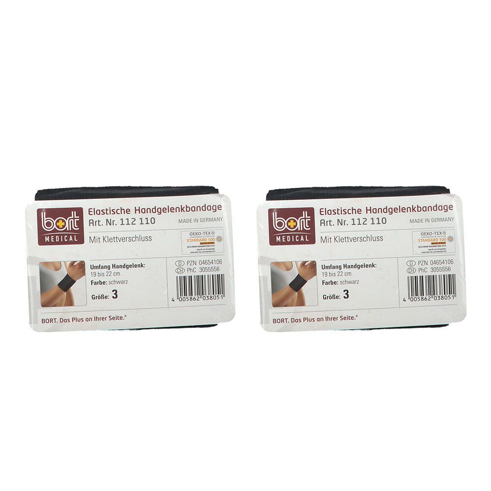 Zwei schwarze Handgelenkbandagen mit Klettverschluss in Verpackung. Aufschrift: bort MEDICAL, Größe 3.