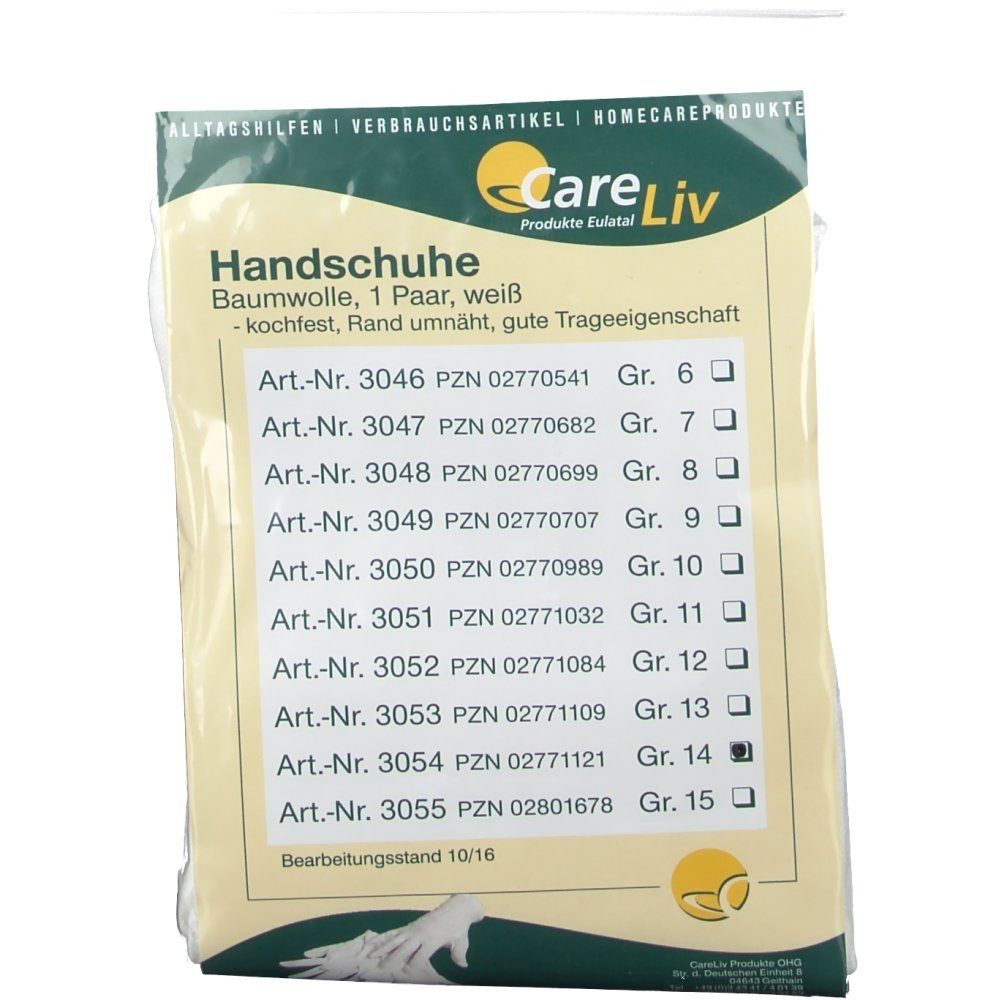 Verpackung mit weißen Baumwoll-Handschuhen, 1 Paar. Aufschrift: Care Liv, Größen 6-15. Kochfest, Rand umnäht.