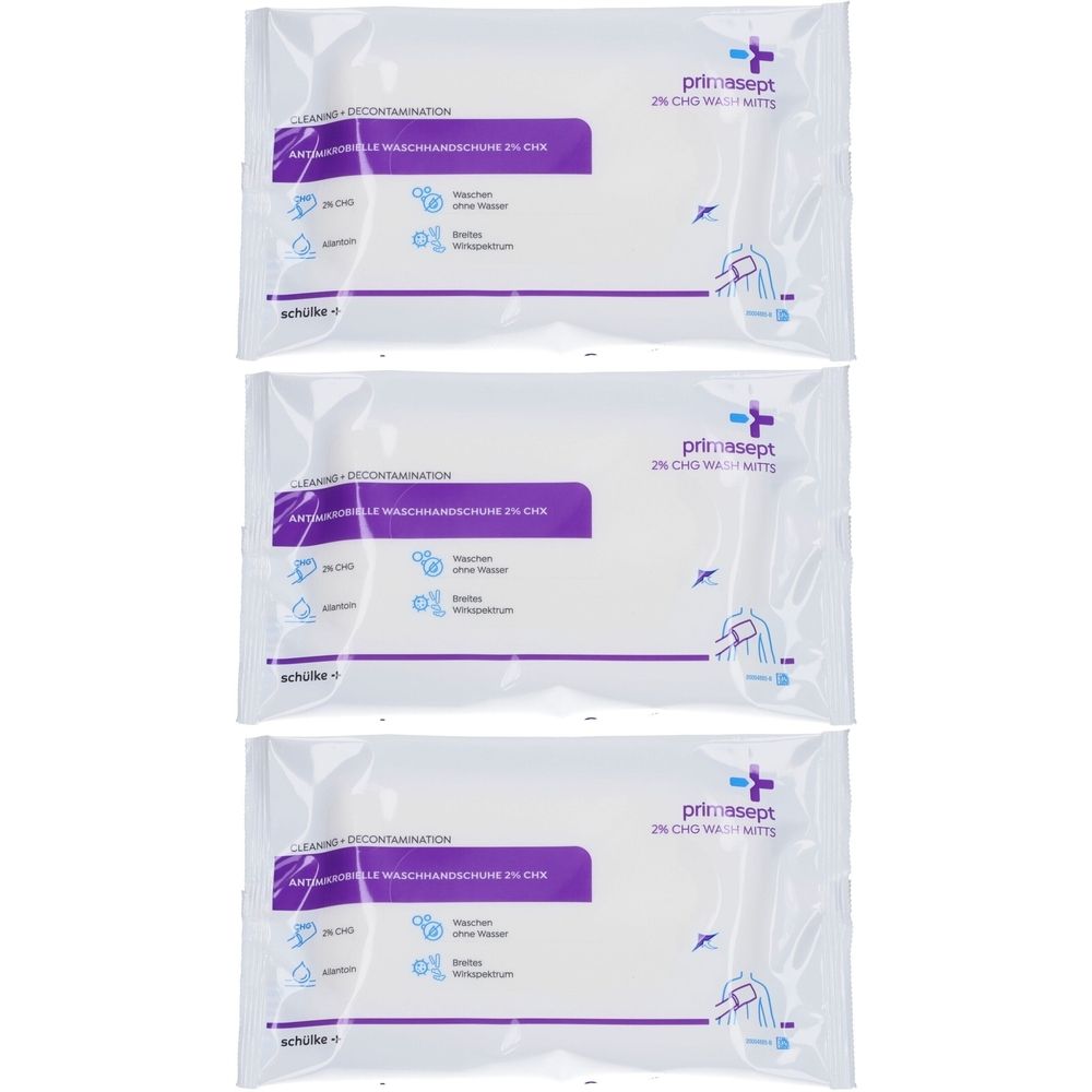 Drei verpackte Waschhandschuhe. Aufdruck: primasept, 2% CHX. Lila Textfeld mit Produktinformationen. Weiße Verpackung.