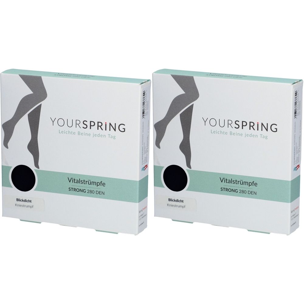 Zwei Schachteln Vitalstrümpfe. Aufdruck: YOURSPRING, Leichte Beine jeden Tag, Vitalstrümpfe STRONG 230 DEN. Abbildung: Beine.