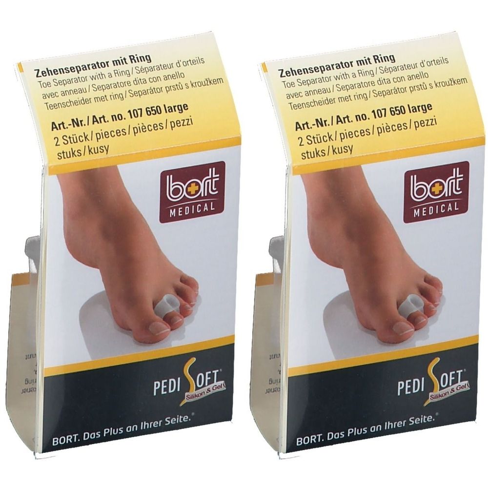 Zwei Packungen BORT PediSoft Zehenseparator mit Ring. Aufdruck: Art.-Nr. 107 650 large, 2 Stück. Fuß mit Zehentrenner.