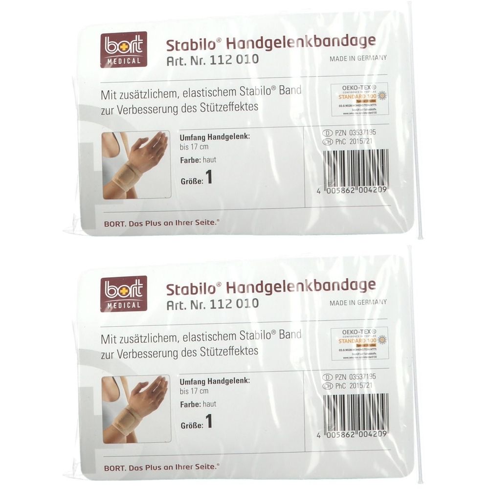 Zwei verpackte Handgelenkbandagen. Aufschrift: Stabilo Handgelenkbandage, Größe 1, Farbe: haut. Marke: BORT MEDICAL. Mit Zertifizierung.