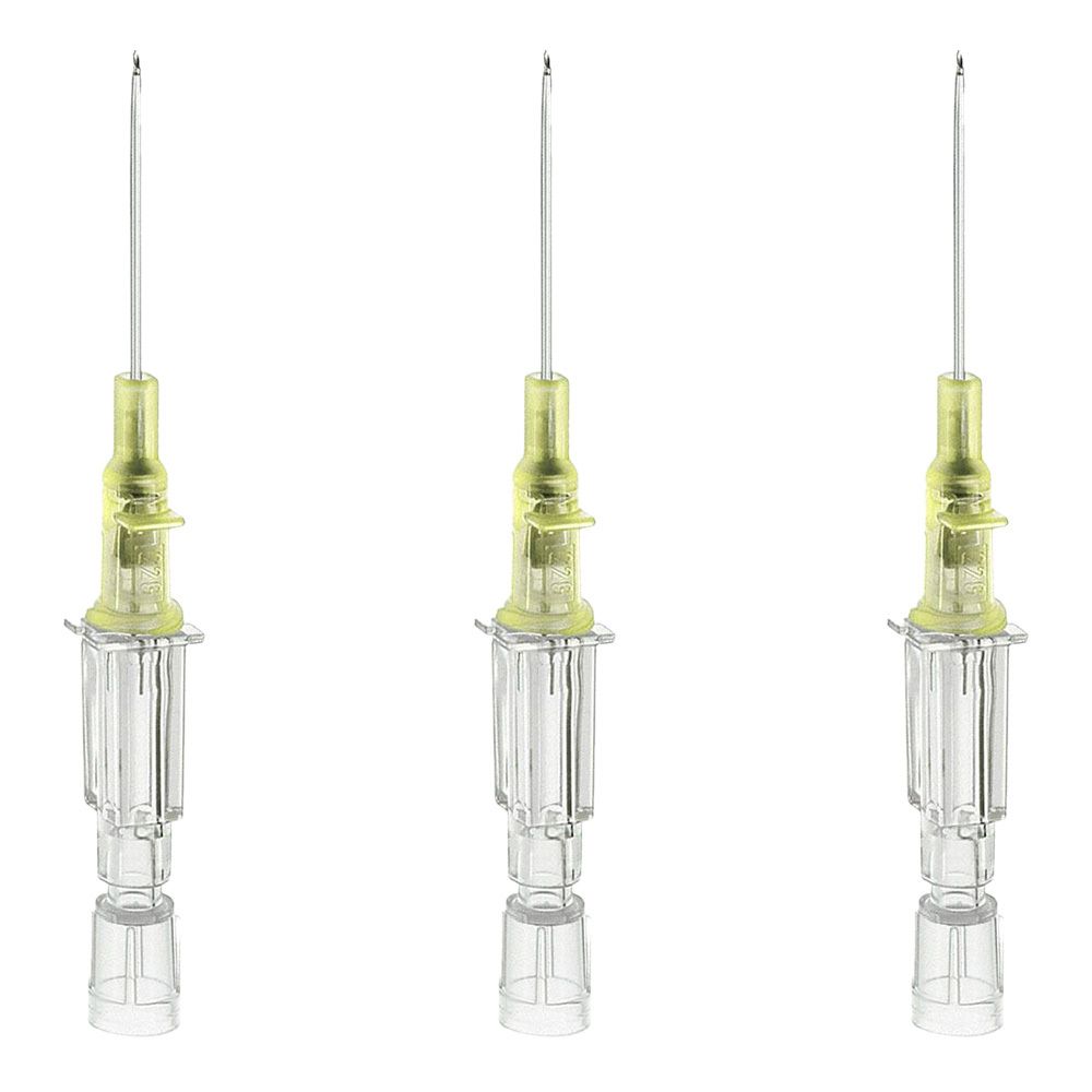 Drei medizinische Katheter mit gelben Teilen und transparenten Gehäusen. Die Nadeln sind silberfarben.