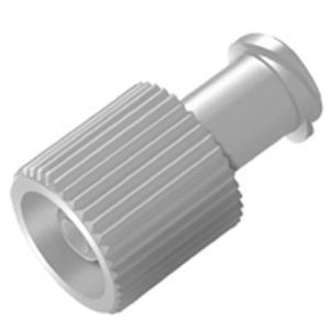 Weißer Verschlusskonus. Zylindrischer Körper mit geriffelter Oberfläche und abgerundetem Kopf.