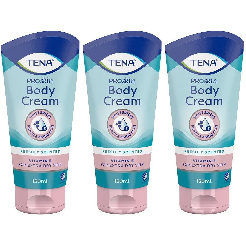 Drei Tuben TENA ProSkin Body Cream. Hellblau-weißes Design mit blauer Kappe und rosa Boden. Text: „Moisturizes“, „Vitamin E“ und „150ml“.
