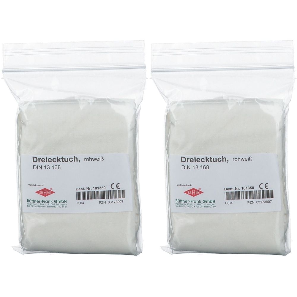Zwei Dreiecktücher, rohweiß, in transparenten Beuteln verpackt. Auf den Etiketten steht "Dreiecktuch, rohweiß" und "DIN 13 168".