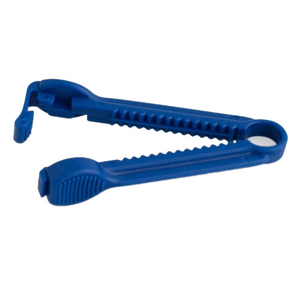 Blau Kunststoff Katheterklemme. Zangenform mit gezahnten Greifflächen. Offene Position.
