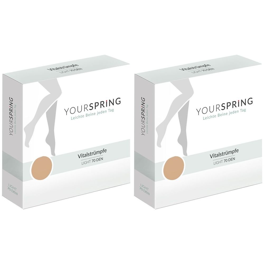 Zwei weiße Kartons mit Produktabbildung und Schriftzug YOURSPRING. Aufschrift: Vitalstrümpfe LIGHT 70 DEN. Farbe: honig.