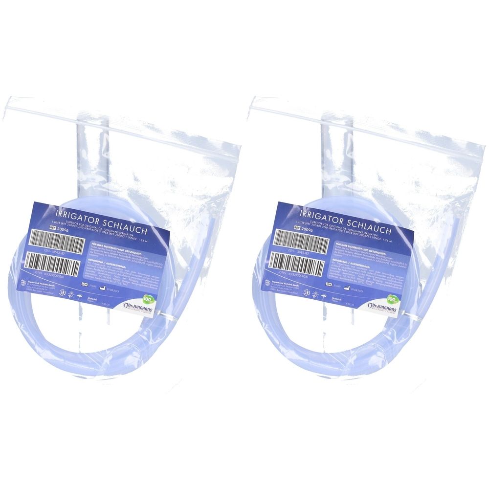 Zwei transparente Beutel mit blauem Silikonschlauch. Auf den Beuteln befinden sich Etiketten mit Text: IRRIGATOR SCHLAUCH.