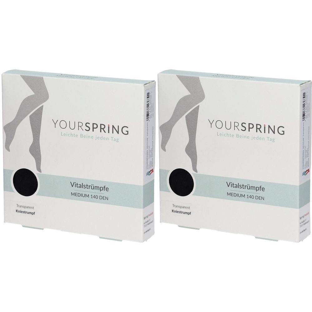 Zwei Packungen Vitalstrümpfe. Aufschrift YOURSPRING, Vitalstrümpfe, MEDIUM 140 DEN. Schwarze Strümpfe in runder Aussparung.