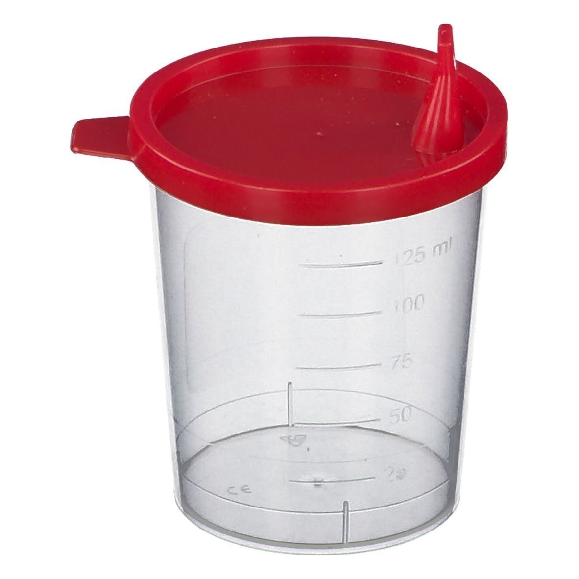 Transparenter Becher mit rotem Deckel. Der Becher hat eine Skala und einen Ausguss. Der Deckel hat einen Griff.