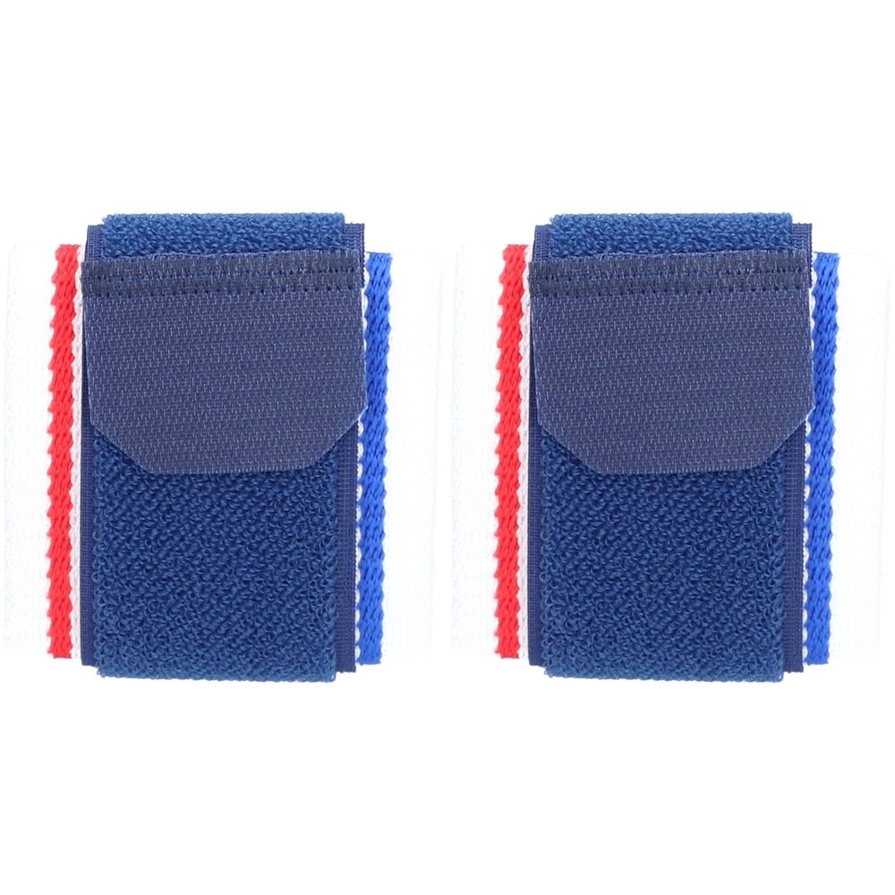 Zwei Handgelenkbandagen mit Klettverschluss. Blaues Hauptmaterial, roter und blauer Rand. Rechteckige Form mit abgerundeten Ecken.