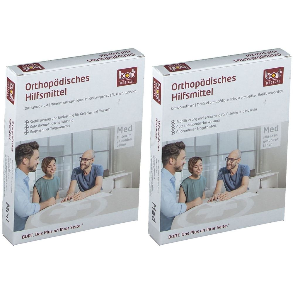 Zwei rechteckige Kartons. Aufschrift: Orthopädisches Hilfsmittel. Marke BORT. Auf der Verpackung sind drei Personen abgebildet.