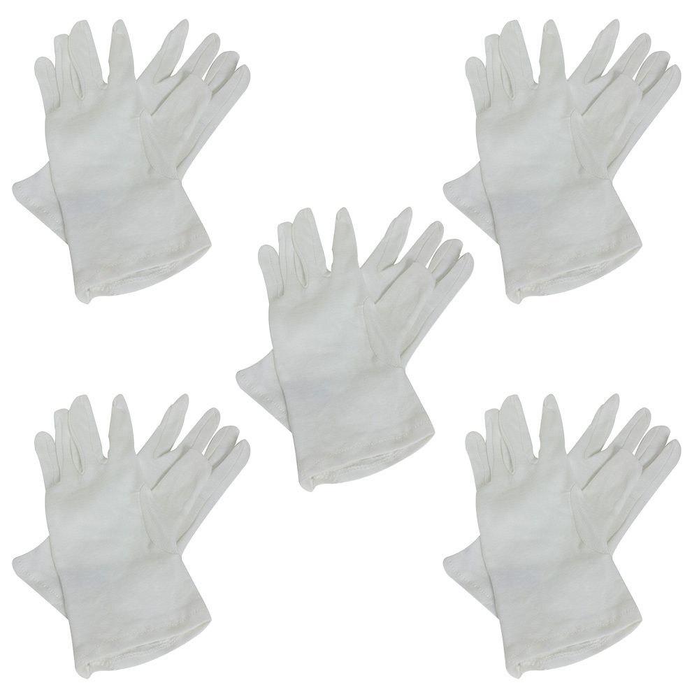 Fünf weiße Baumwoll-Zwirnhandschuhe. Die Handschuhe sind paarweise angeordnet.