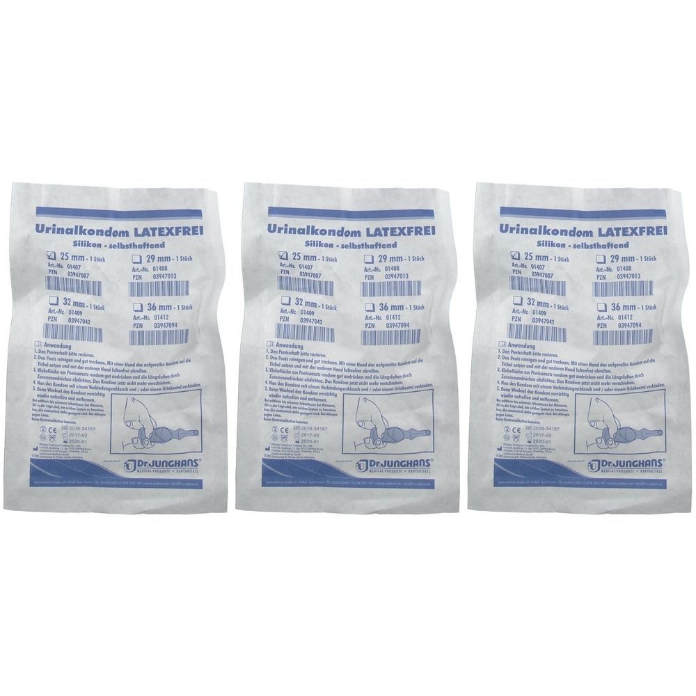 Drei Packungen Urinalkondome, Latexfrei, Silikon. Aufdrucke mit Größenangaben und Marke Dr. Junghans. Weiße Verpackung mit blauer Schrift.