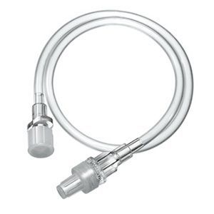 Transparente Infusionsverlängerung mit zwei Anschlüssen. Schlauchförmig, mit transparenten Steckverbindern.