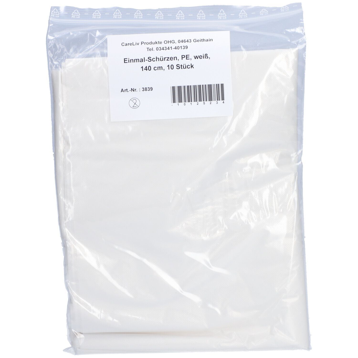 Verpackung mit weißen Einmal-Schürzen aus PE. Aufschrift: 140 cm, 10 Stück. Hersteller CareLiv Produkte OHG.
