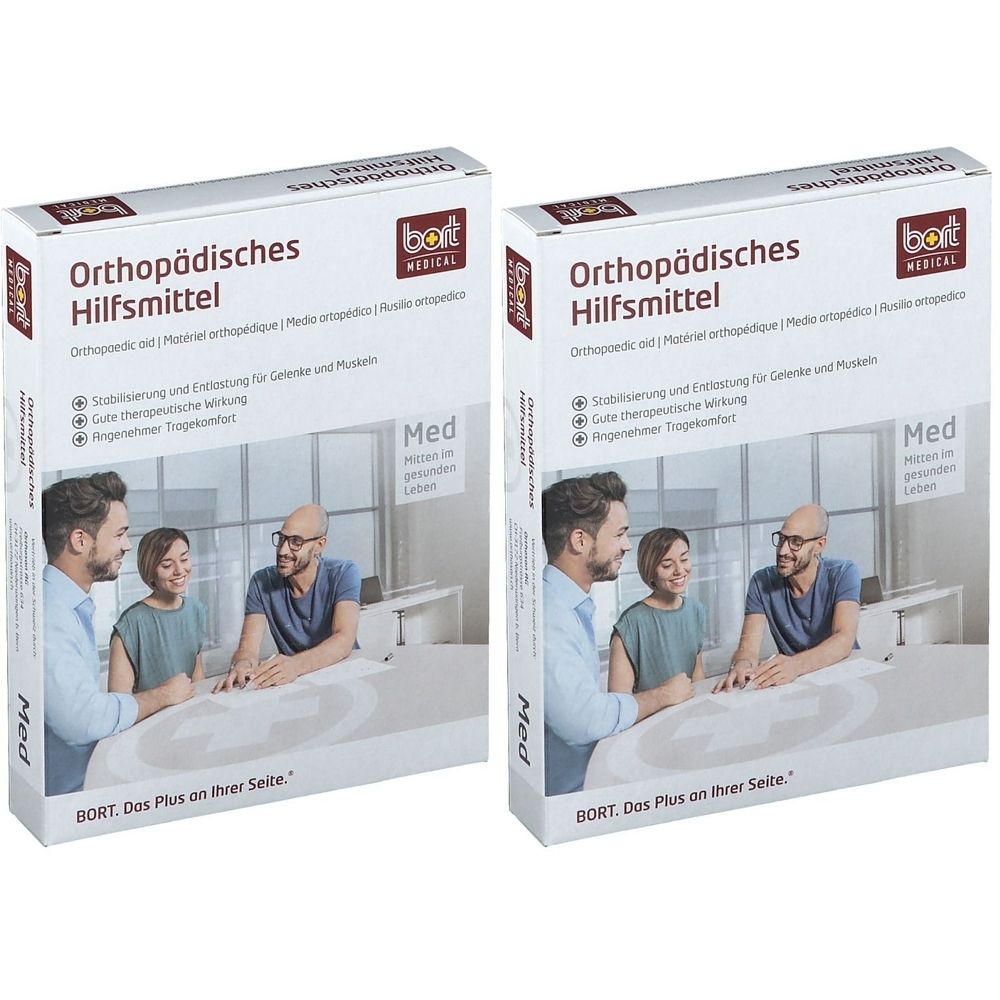 Zwei rechteckige Kartons. Aufschrift: Orthopädisches Hilfsmittel. Marke BORT. Aufdruck: Med. Abbildung von Personen.