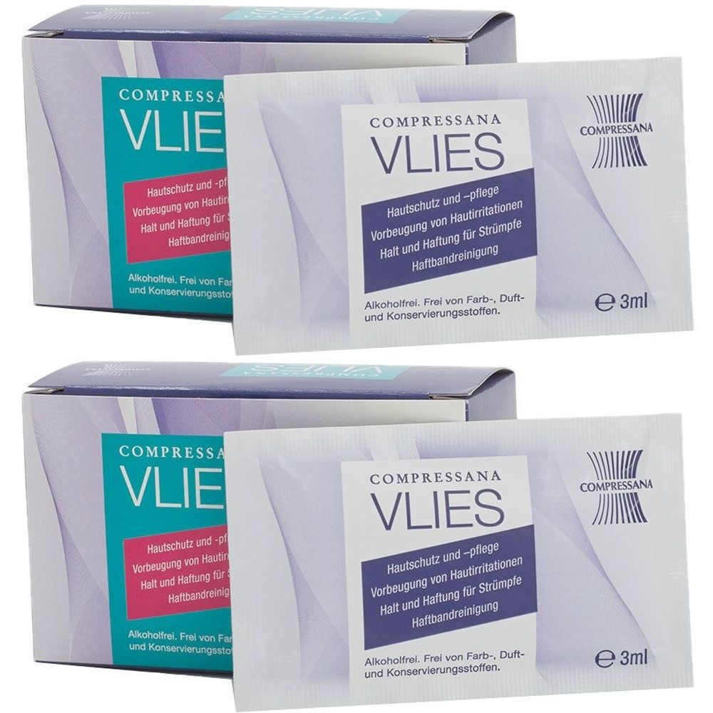 Zwei Packungen COMPRESSANA VLIES Pflegetücher. Weiße Tücher in Einzelverpackungen und Karton. Aufdrucke mit Produktinformationen.