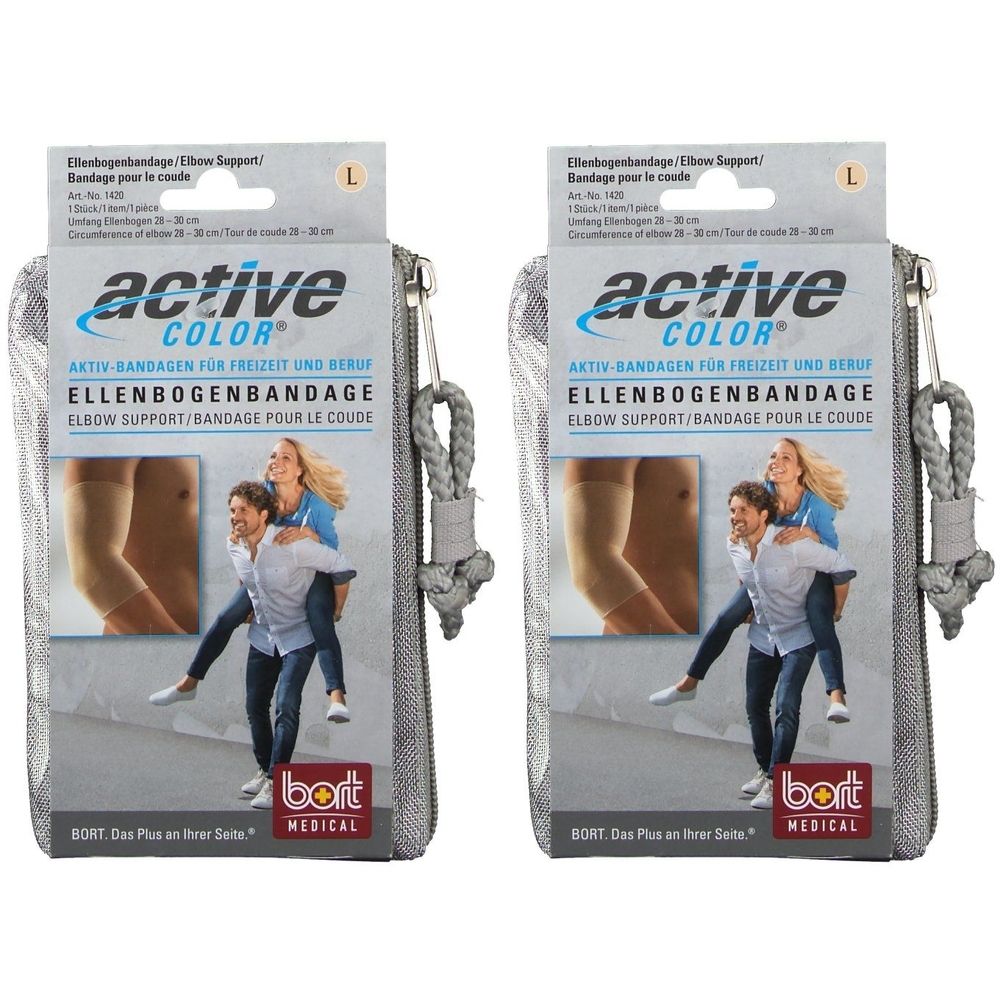 Zwei BORT ActiveColor® Ellenbogenbandagen in Verpackung. Größe L. Graue Netztasche mit Reißverschluss und Kordel.