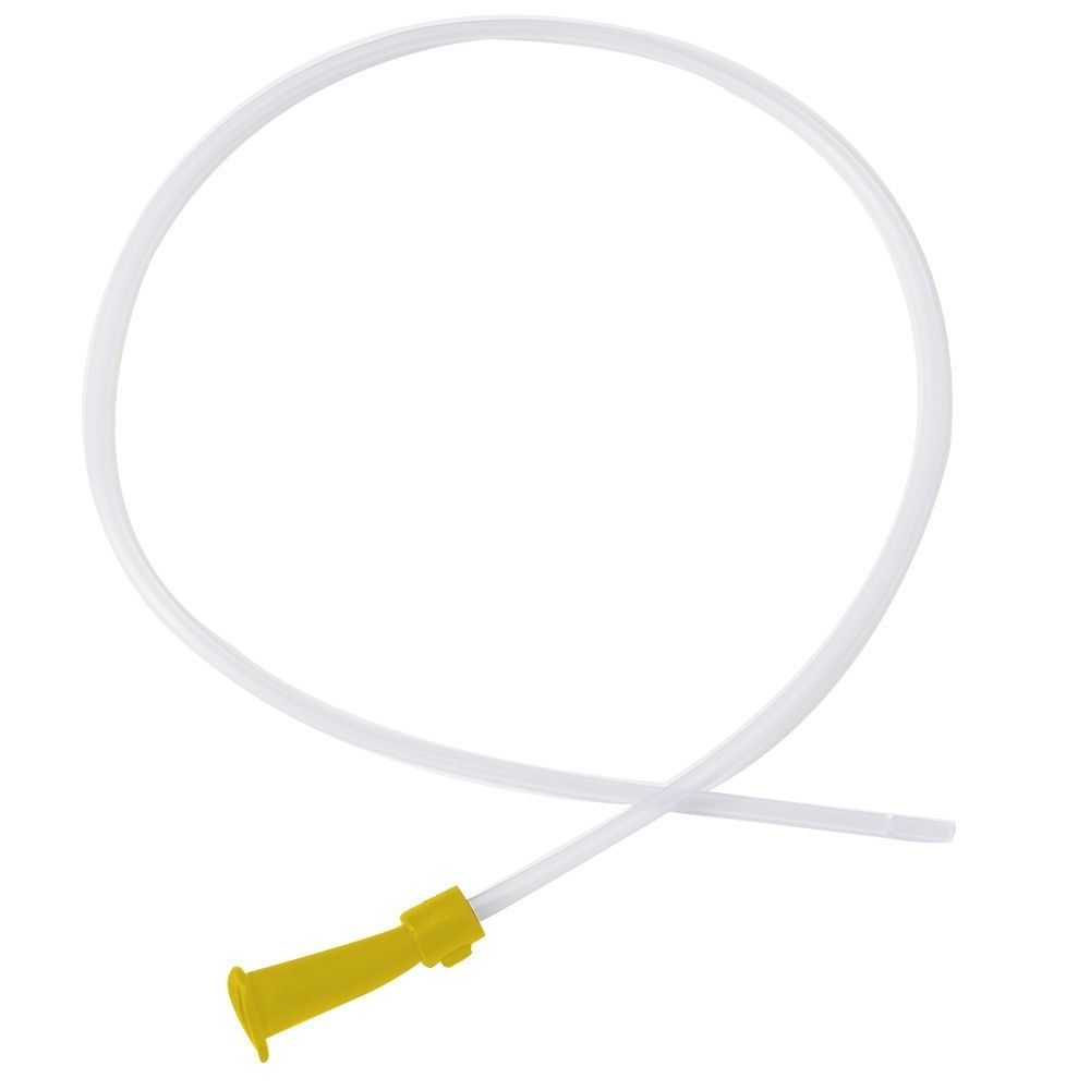 Absaugkatheter, steril, gelb. Schlauch mit gelbem Konnektor. Auf weißem Hintergrund.