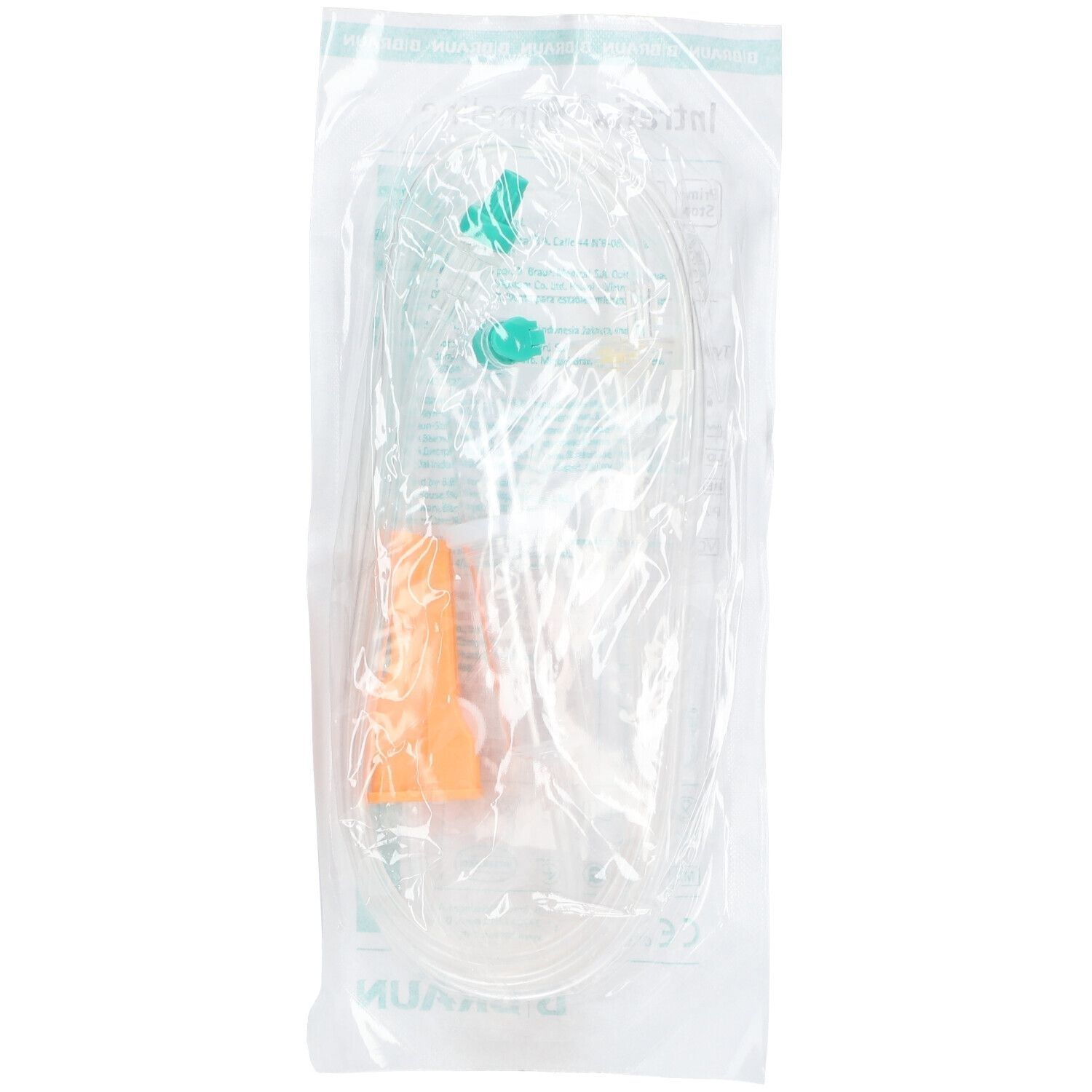 Injektionsport in transparenter Verpackung. Sichtbar sind ein transparenter Schlauch, ein orangefarbener Anschluss und grüne Elemente.