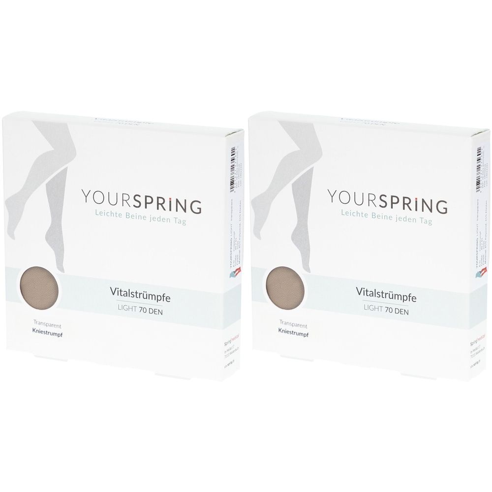 Zwei Packungen YOURSPRING LIGHT Stützkniestrumpf. Weiße Kartons mit Produktabbildung und Schriftzug. Aufschrift: Vitalstrümpfe LIGHT 70 DEN.
