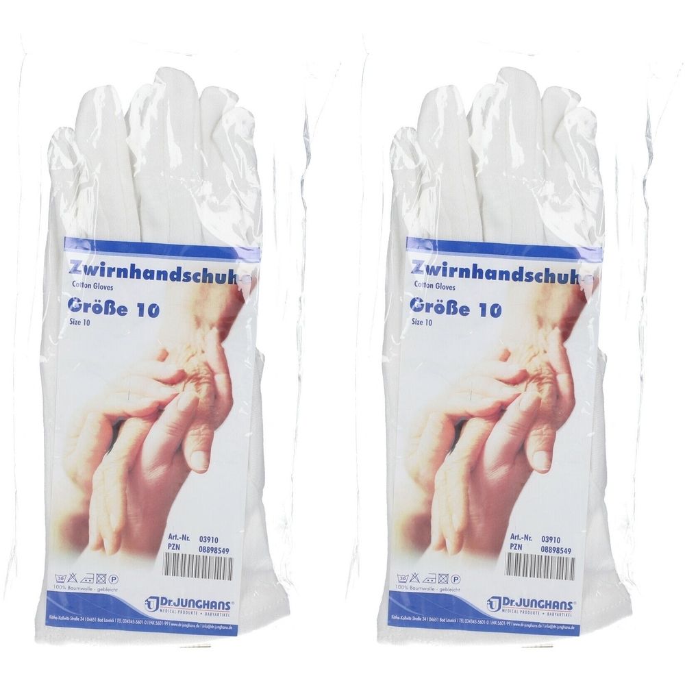 Zwei Packungen Zwirnhandschuhe Gr. 10. Aufdruck: Dr. Junghans, Produktabbildung, Größenangabe. Handschuhe in Folie verpackt.