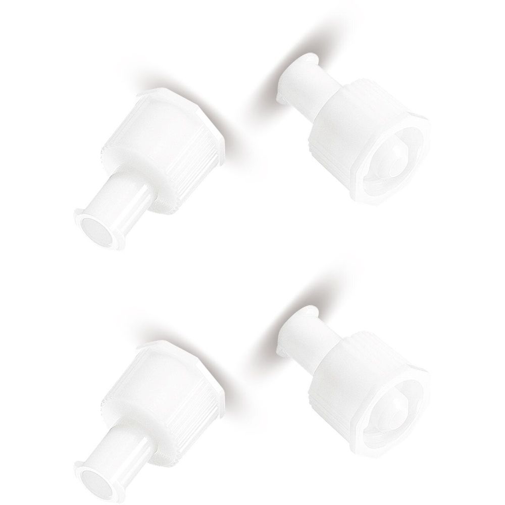 Vier weiße Adapter mit zylindrischem Körper und Konnektor. Die Adapter sind aus Kunststoff.