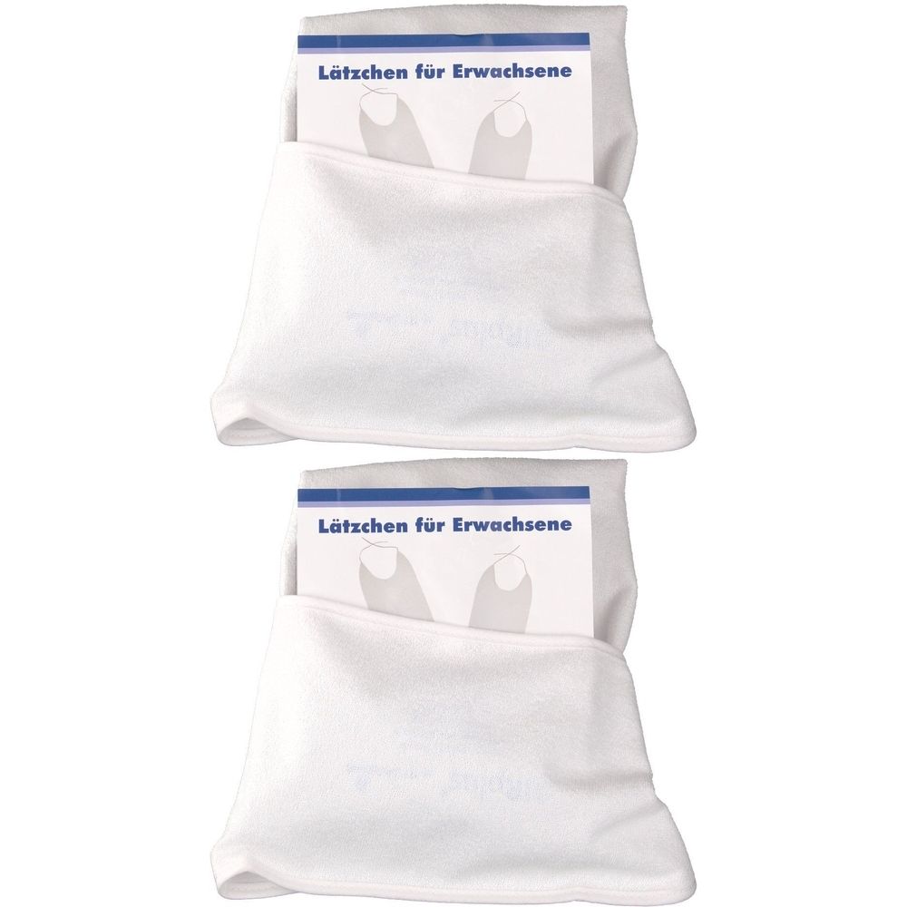 Zwei weiße Lätzchen für Erwachsene, mit Kartonverpackung. Auf der Verpackung steht "Lätzchen für Erwachsene".