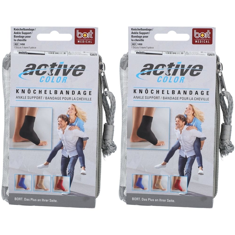 Zwei Packungen Knöchelbandagen. Aufschrift: active COLOR, Knöchelbandage, Ankle Support. Marke: bort MEDICAL. Graue Verpackung mit Kordel.