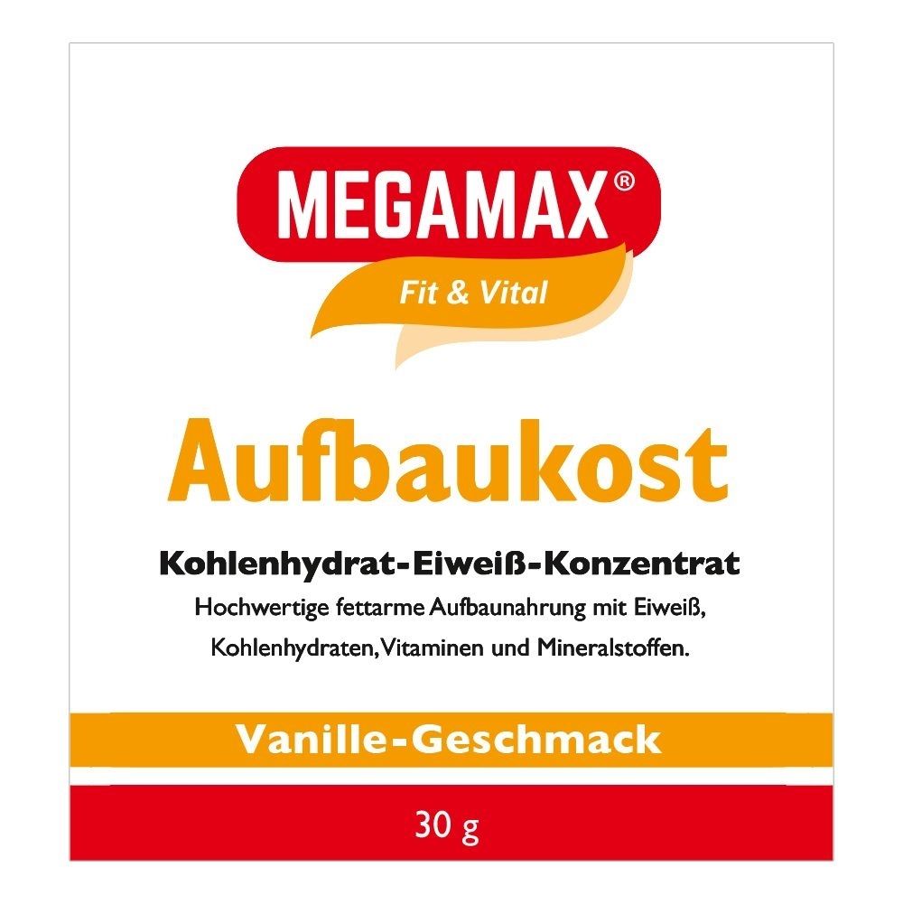 Verpackung mit MEGAMAX Aufbaukost. Roter Schriftzug MEGAMAX, darunter Fit & Vital. Aufschrift Aufbaukost, Vanille-Geschmack, 30 g.