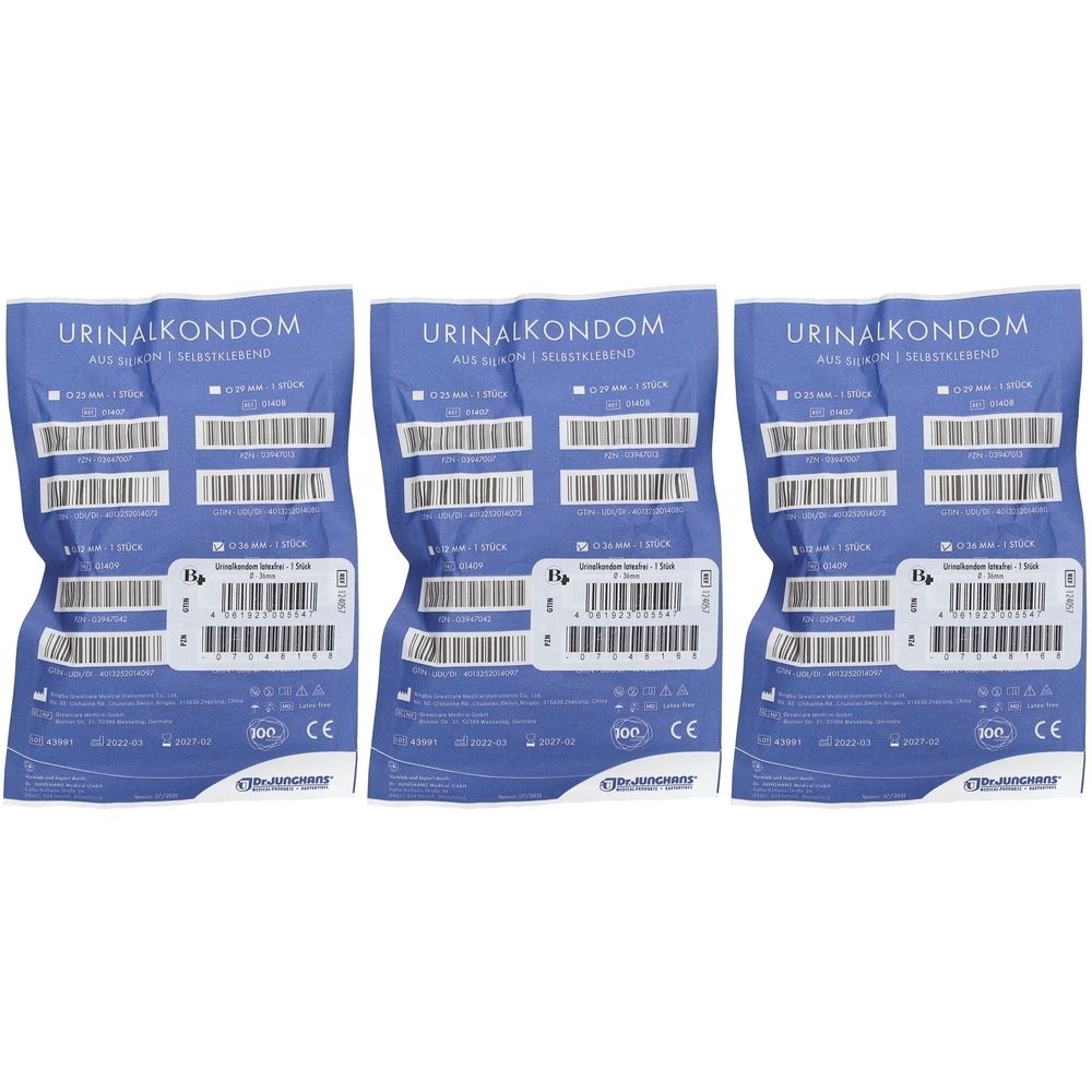 Drei Packungen Urinalkondome. Blaue Verpackung mit Produktinformationen und Barcodes. CE-Kennzeichnung.