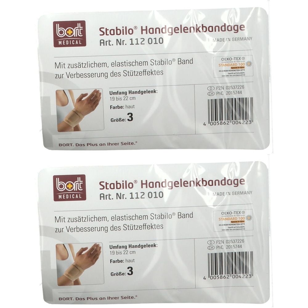 Zwei Packungen Handgelenkbandagen. Aufschrift: Stabilo Handgelenkbandage, Größe 3, Farbe haut. Mit OEKO-TEX-Zertifizierung.