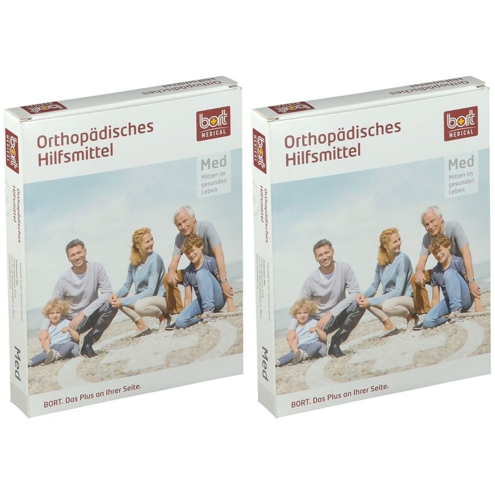 Zwei rechteckige Verpackungen. Aufschrift: Orthopädisches Hilfsmittel. Marke: bort medical. Abbildung einer Familie am Strand.