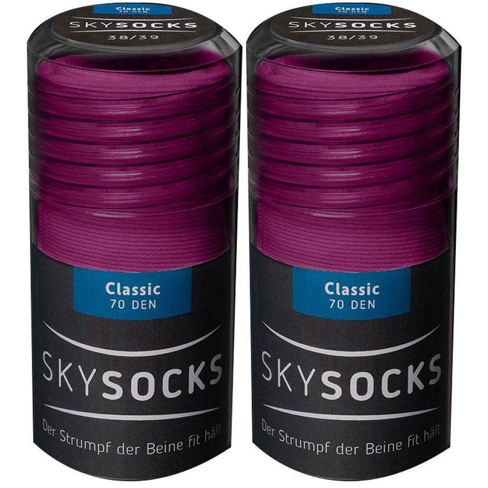 Zwei Packungen Strümpfe in zylindrischen Behältern. Aufschrift SKYSOCKS, Classic 70 DEN. Farbe: Lila. Größe 38/39.