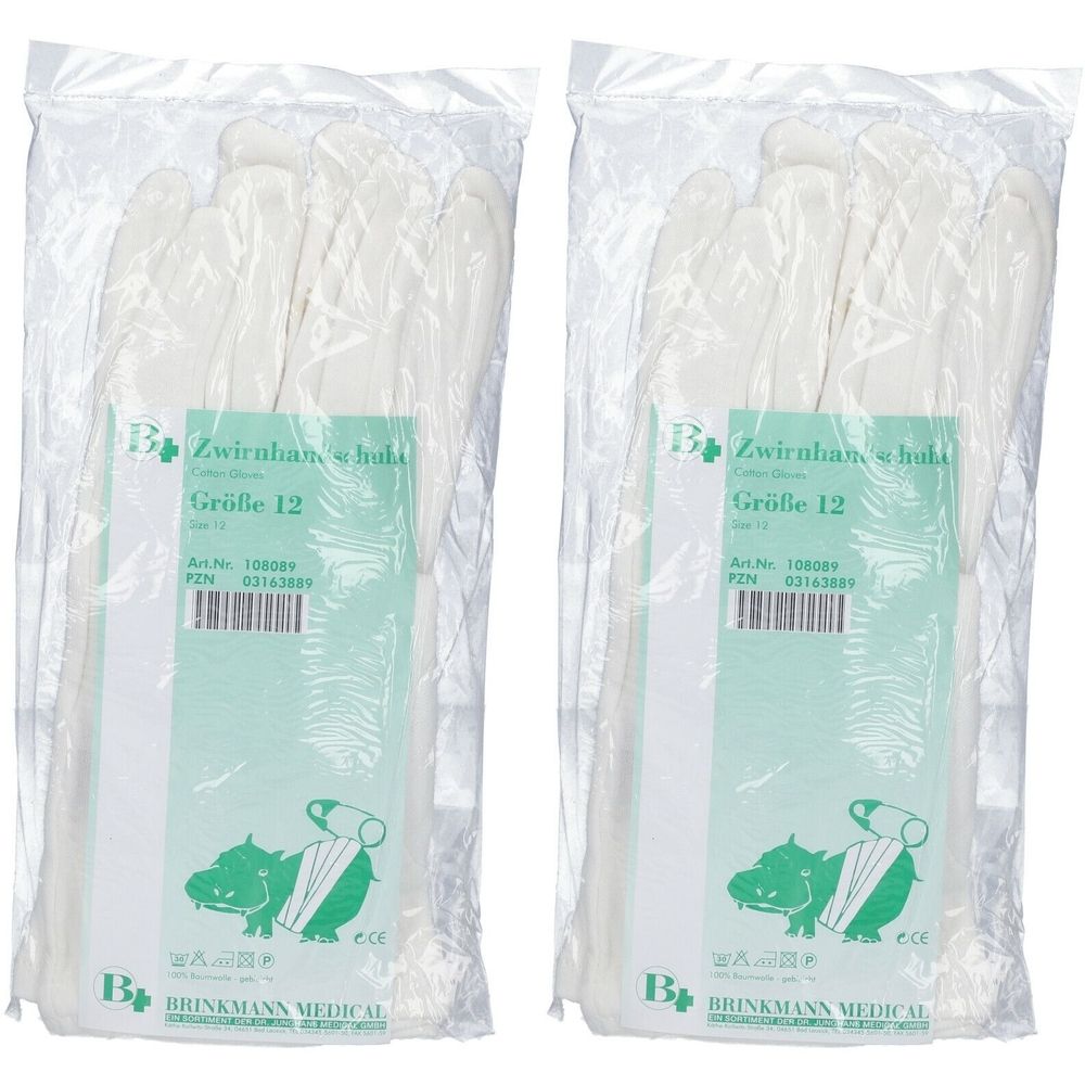 Zwei Packungen Brinkmann Zwirnhandschuhe Gr. 12 in Folienverpackung. Aufdrucke: Größe, Artikelnummer, Barcode und Logo.